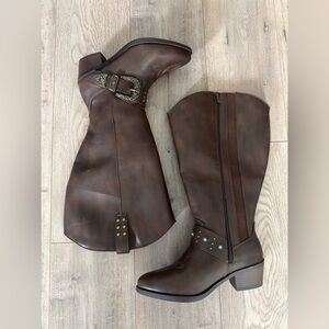 Torrid Chocolate Heeled Boots with Buckle and Studs